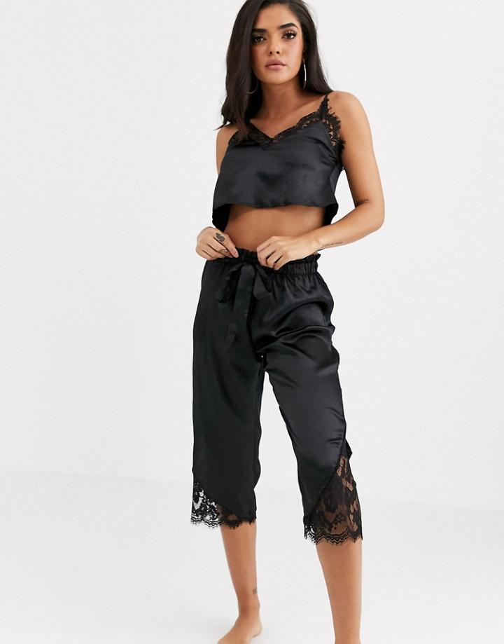 Peek & Beau Harper' Satin Lace Cami And Pants Set-black