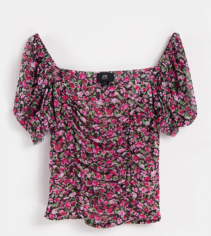 River Island Petite Floral Square Neck Top In Black