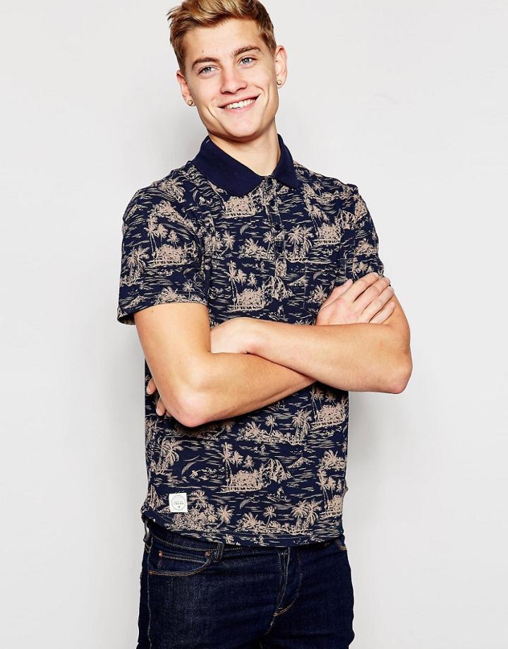 Native Youth Hawaiian Print Polo Shirt - Navy