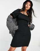 Only Shirred Body-conscious Dress With Puff Sleeve In Black