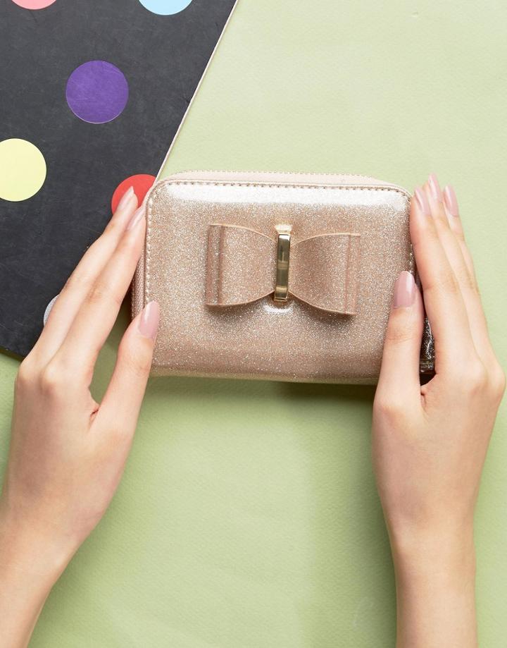 New Look Metallic Bow Zip Around Purse - Pink