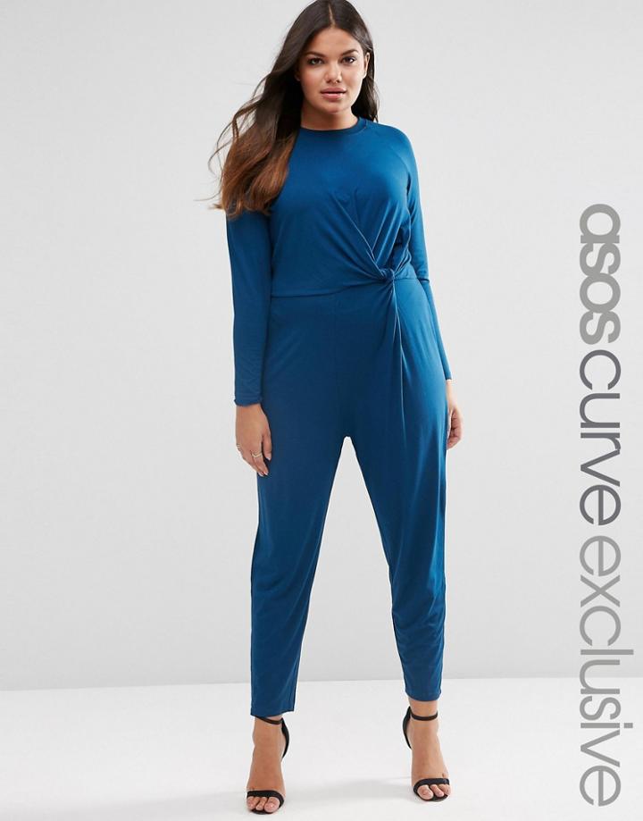 Asos Curve Peg Leg Jumpsuit With Twist Front - Navy