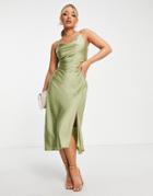 Trendyol Cowl Neck Satin Dress In Moss Green