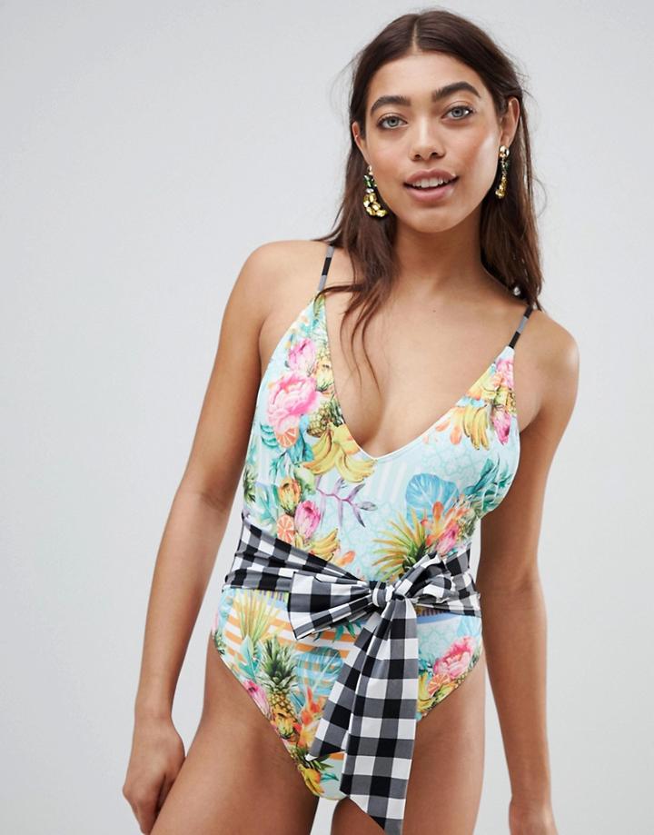 Asos Design Mixed Cuban Print Gingham Belted Swimsuit - Multi