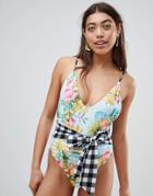 Asos Design Mixed Cuban Print Gingham Belted Swimsuit - Multi