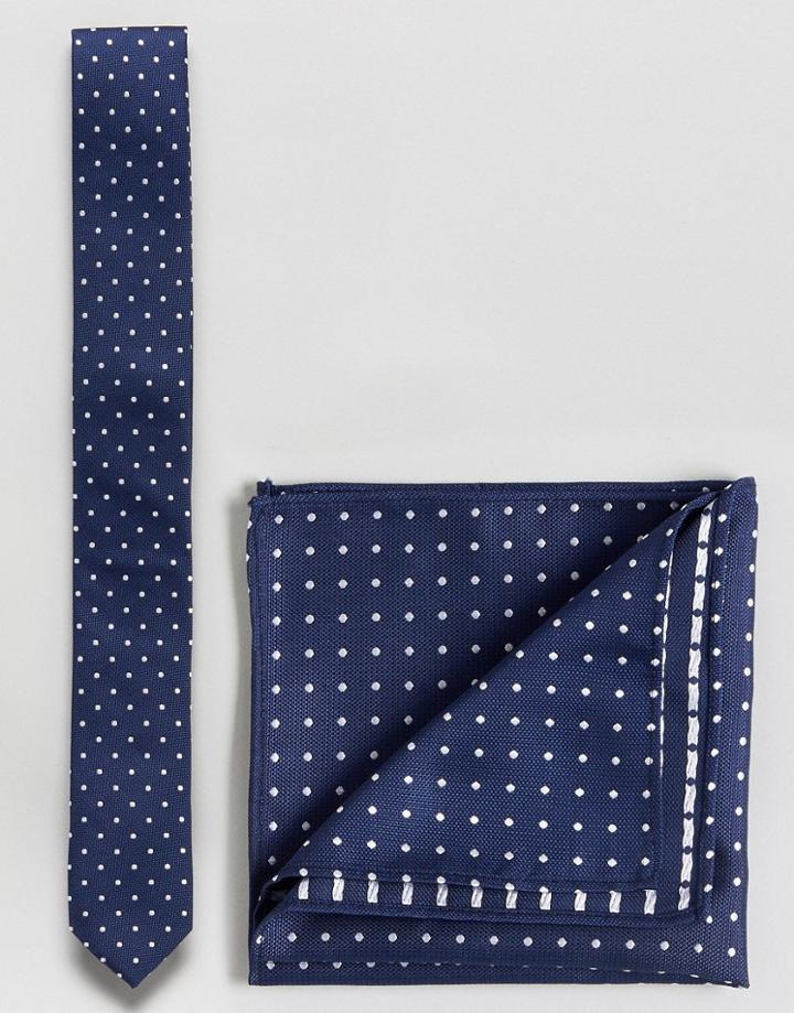 Asos Polka Dot Tie And Pocket Square Set - Navy