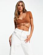 Night Addict Waist Tie Cropped T-shirt In Brown