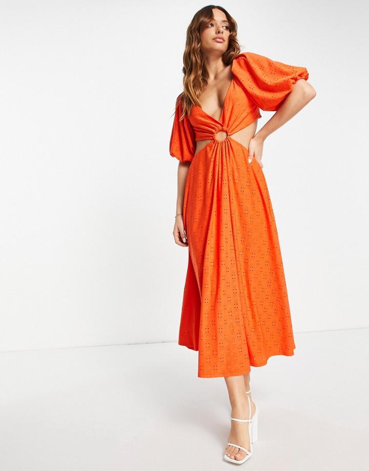 Asos Design Broderie Cut Out Midi Dress In Red-multi