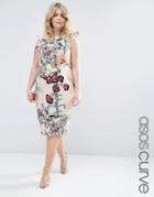Asos Curve Wiggle Dress With Ruffle In Floral Print - Floral Print