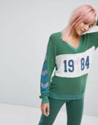 Wildfox V Neck Chevron Sleeve Print Sweatshirt - Green