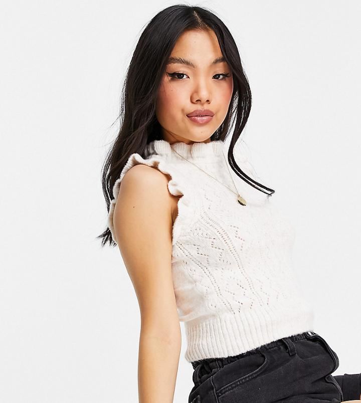 Miss Selfridge Petite Pointelle Frill Neck Knitted Tank Top-neutral