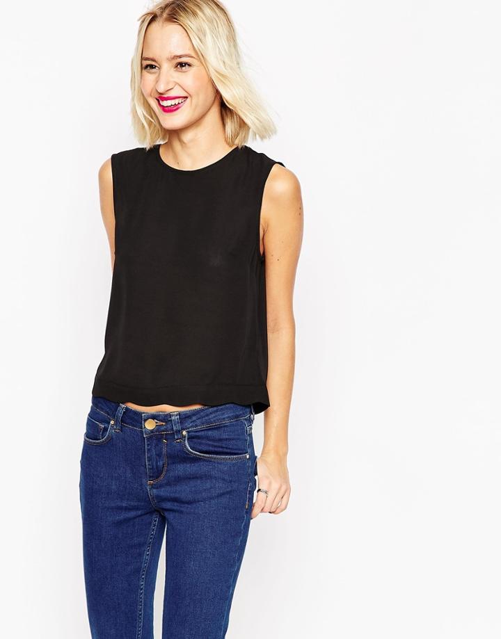 Asos Scallop Hem Shell Top - Black