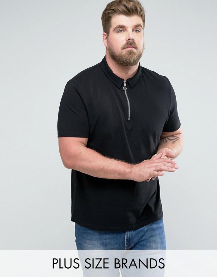 Asos Plus Zip Neck Pique Polo Shirt In Black - Black