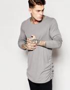 Asos Wool Mix Longline Long Sleeve T-shirt With Drawstring Hem Detail - Gray