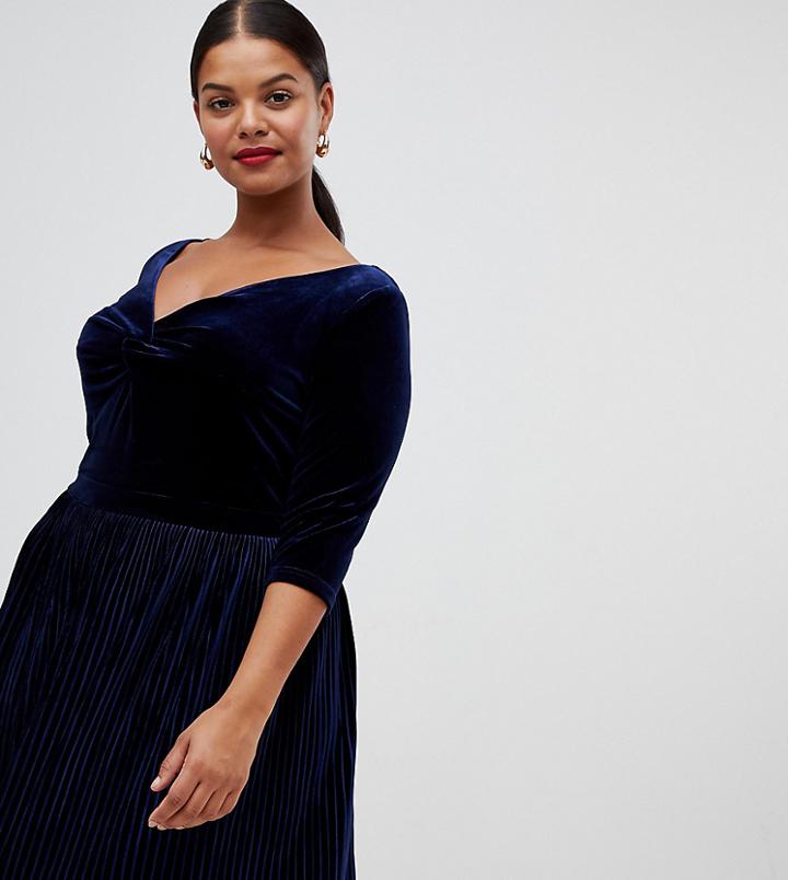 Lovedrobe Velvet Dress With Pleated Skirt - Navy