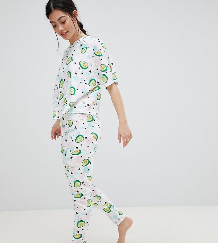 Asos Design Petite Abstract Graphic Avocado Legging And Tee Set - Multi