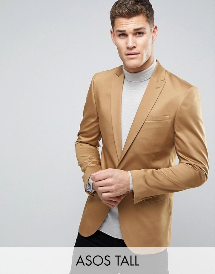 Asos Tall Skinny Blazer In Stone Cotton Sateen - Tan