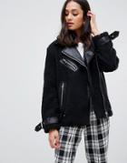 Miss Selfridge Borg Biker Jacket In Black - Black