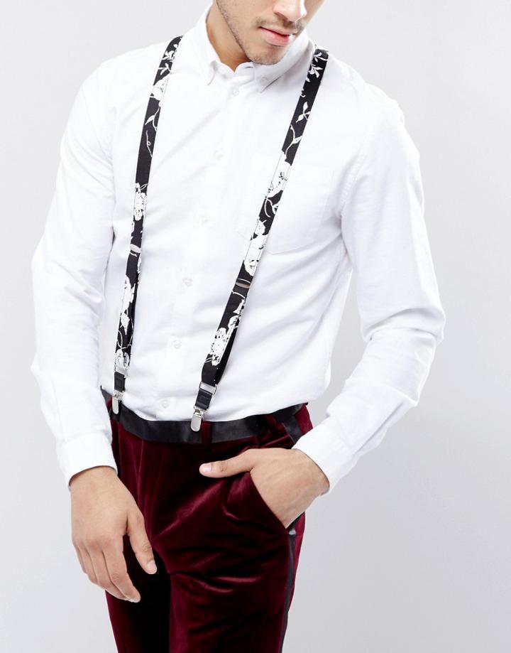 Asos Suspenders In Black With Floral Print - Black