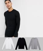 Asos Design 3 Pack Muscle Fit Long Sleeve T-shirt With Crew Neck Save