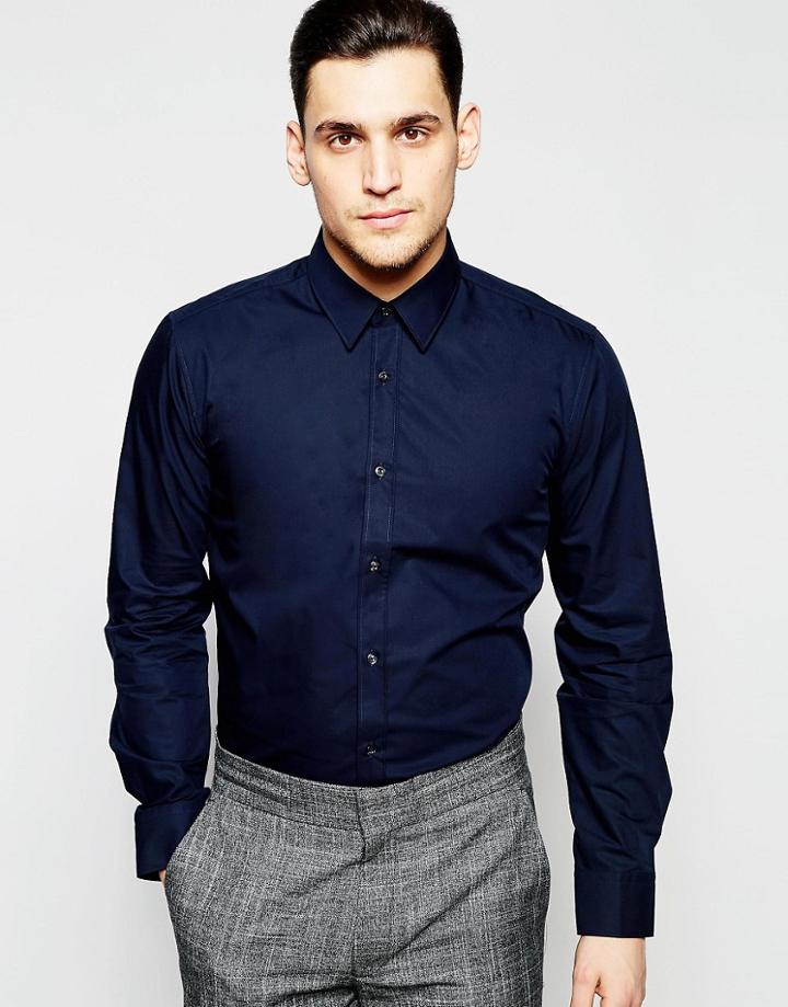 Hugo By Hugo Boss Smart Shirt In Poplin Slim Fit In Navy - Navy