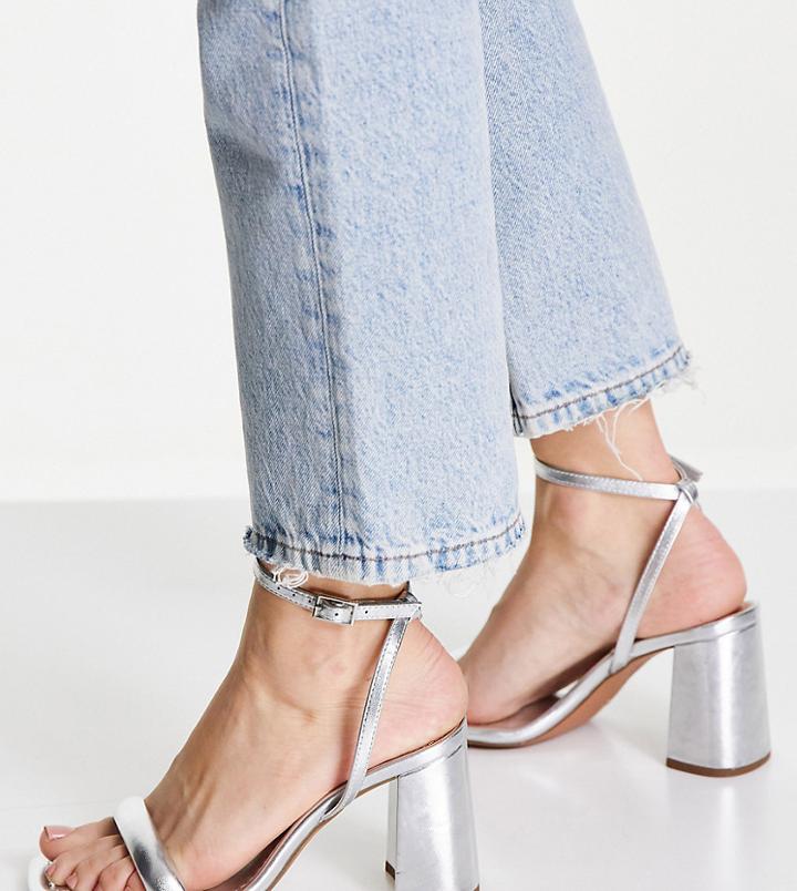 Asos Design Wide Fit Hilton Barely There Block Heeled Sandals In Silver