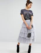 Asos Tulle Midi Skirt With Tiers And Tie Waist Detail - Gray