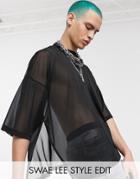 Asos Design Oversized T-shirt With Half Sleeve And Extreme Side Splits In Fine Mesh-black