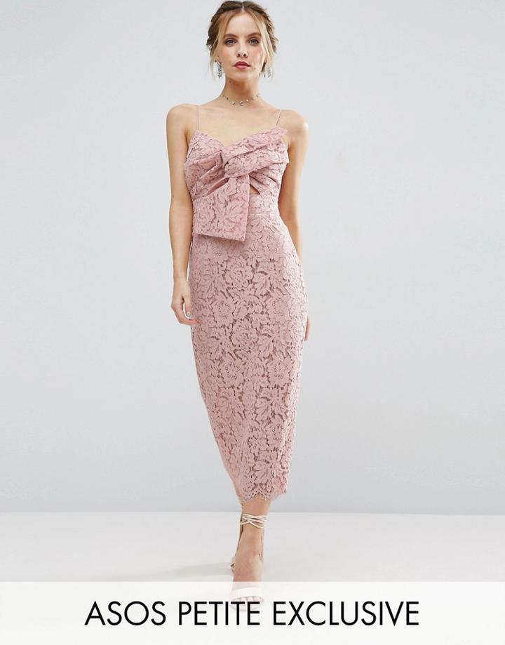 Asos Petite Lace Cami Bow Front Midi Pencil Dress - Beige