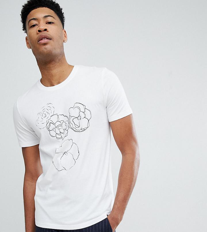 Selected Homme Tall T-shirt With Floral Drawing - White