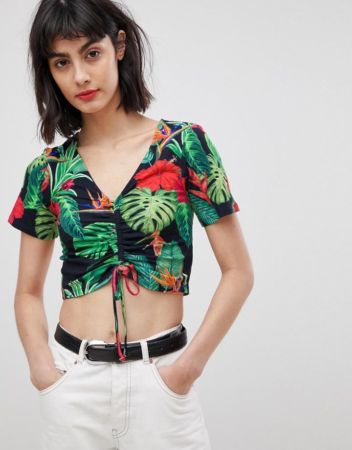 Asos Design Ruched Front Top In Tropical Print - Multi