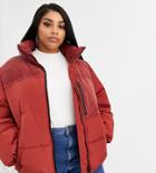 Asos Design Curve Padded Jacket With Cord Patching In Red-yellow