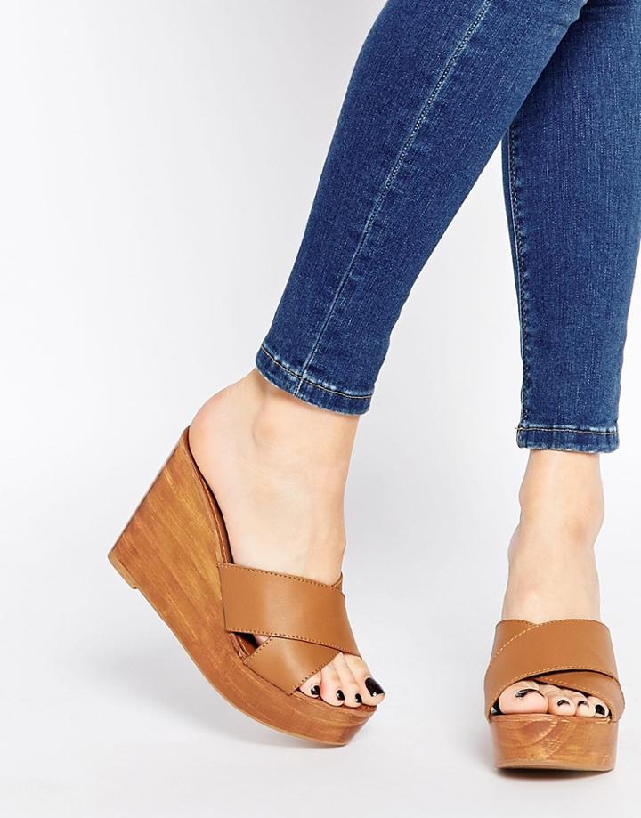 Park Lane Wedge Leather Mules - Tan