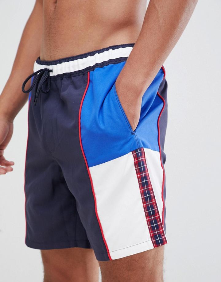 Asos Design Swim Shorts In Retro Cut & Sew With Plaid Tape Mid Length - Navy