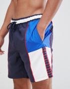 Asos Design Swim Shorts In Retro Cut & Sew With Plaid Tape Mid Length - Navy
