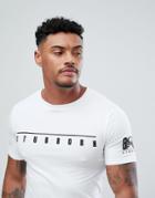 Asos Design Muscle Super Longline T-shirt With Stubborn Chest And Sleeve Print And Curved Hem - White