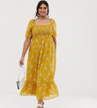 Lovedrobe Puff Sleeve Midi Dress With Shirred Bodice And Fluted Hem In Ditsy Yellow Floral - Yellow