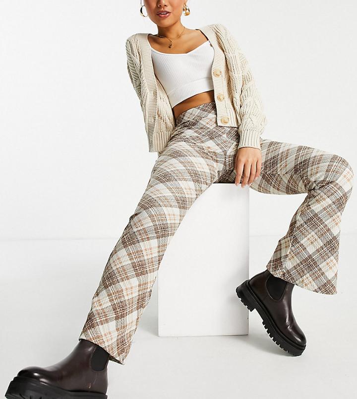 Topshop Petite Crinkle Check Print Flared Pants In Cream-neutral