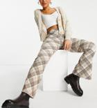 Topshop Petite Crinkle Check Print Flared Pants In Cream-neutral