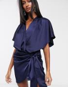 Asos Design Wrap Kimono Mini Dress With Tie Waist-navy