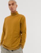 Asos Design Long Sleeve Relaxed Roll Neck T-shirt With Contrast Stitch In Brown - Brown