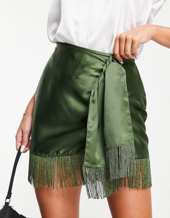 Asos Design Satin Wrap Mini Skirt With Fringe Detail In Khaki-multi