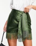 Asos Design Satin Wrap Mini Skirt With Fringe Detail In Khaki-multi