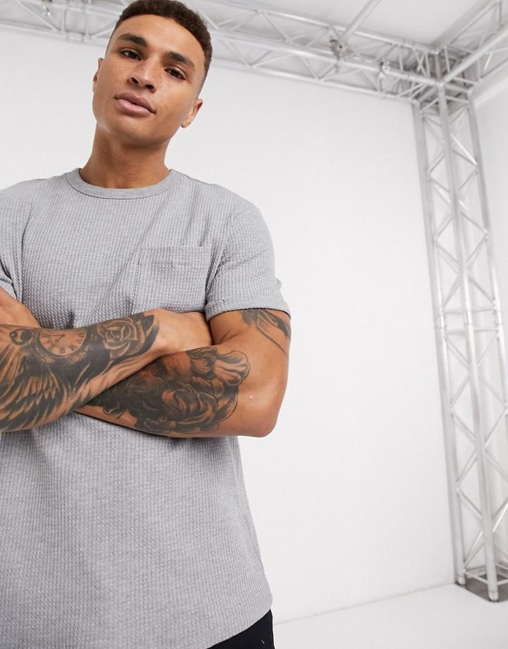 Bershka Loose Fit Waffle T-shirt With Pocket In Gray-grey
