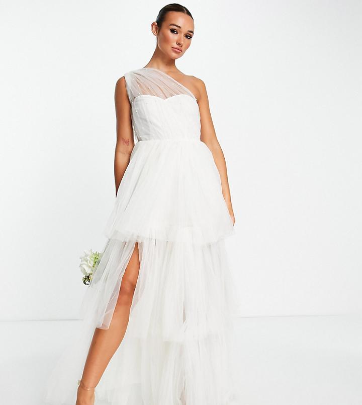 Lace & Beads Bridal Sheer One Shoulder Tulle Maxi Dress In Ivory-white