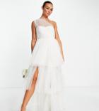 Lace & Beads Bridal Sheer One Shoulder Tulle Maxi Dress In Ivory-white