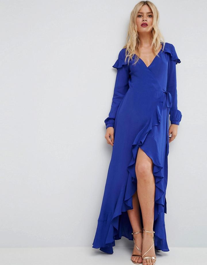 Asos Long Sleeve Wrap Maxi Tea Dress - Blue