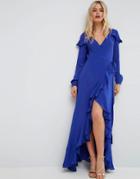 Asos Long Sleeve Wrap Maxi Tea Dress - Blue