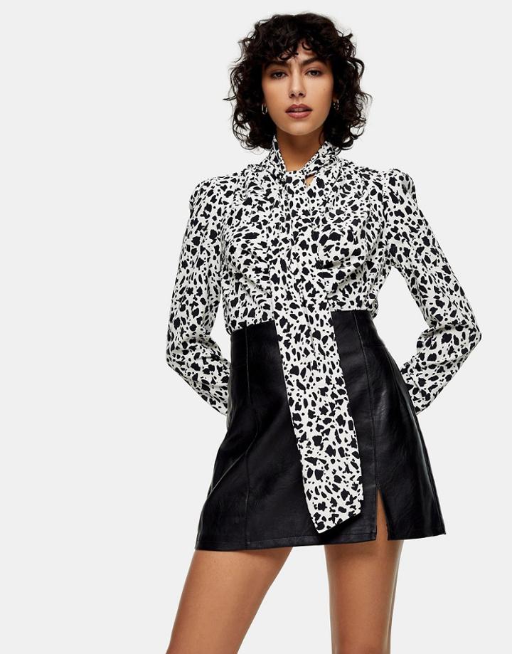 Topshop Tie Neck Blouse In Monochrome Animal Print-multi