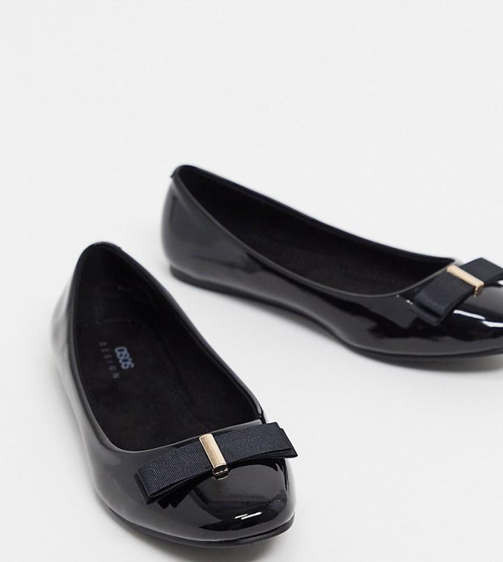 Asos Design Wide Fit Luna Bow Ballet Flats In Black Patent